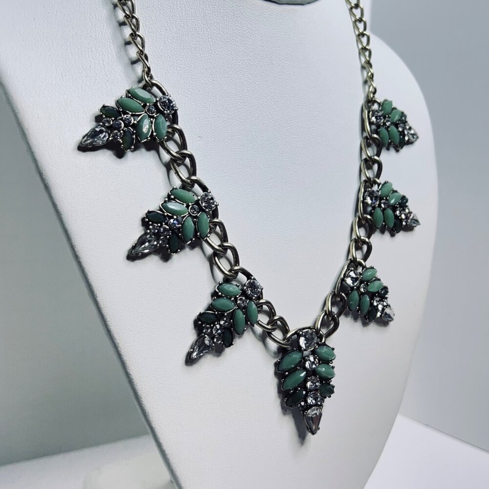 Gold Tone, Faceted Two Tone Green And Clear Rhinestone Statement Necklace (5554) - Picture 2 of 6